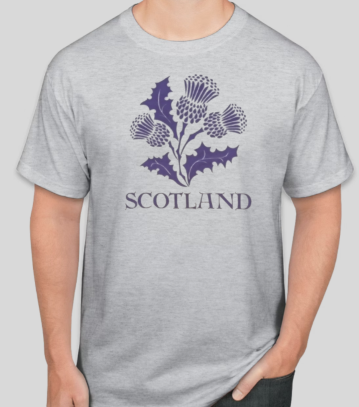 Gray t-shirt with purple thistle design and 'Scotland' text on a plain background